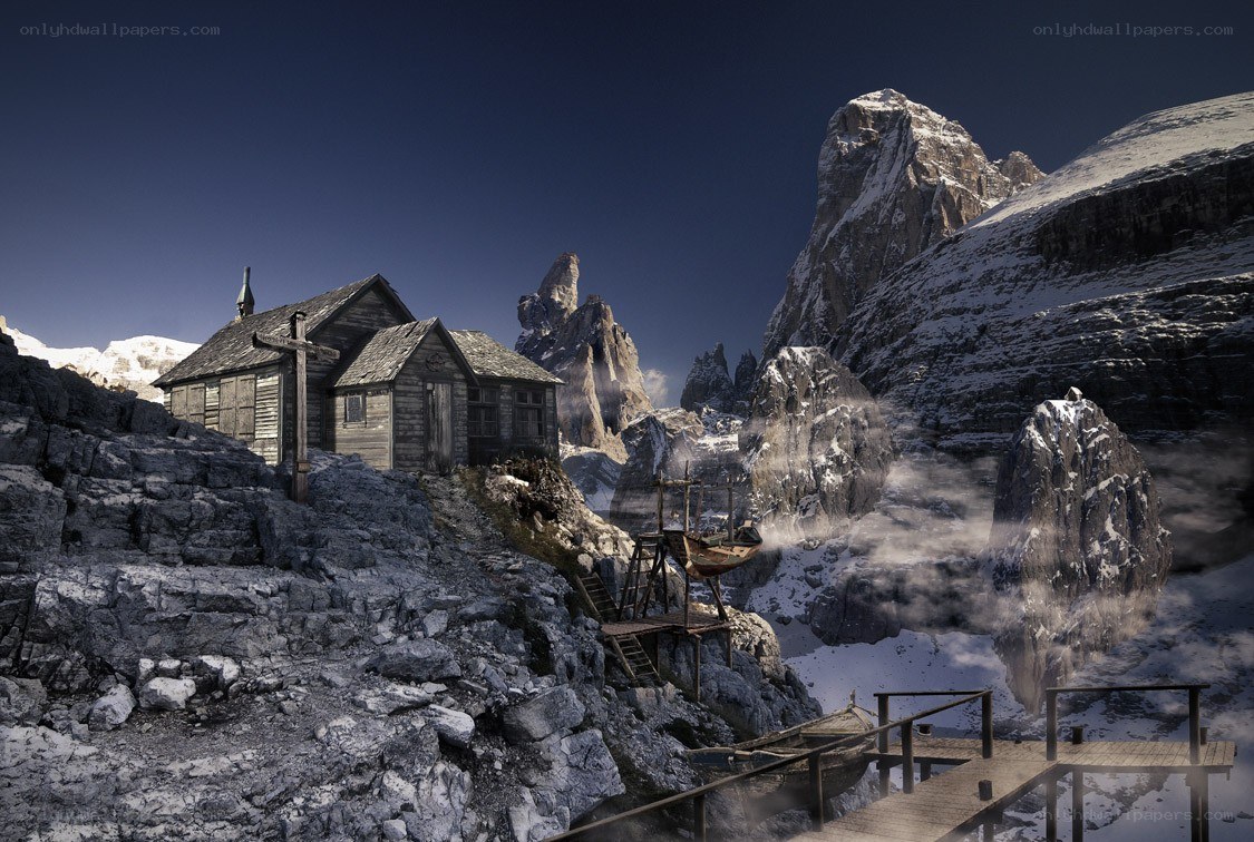 Mountain cabin in snowy landscape