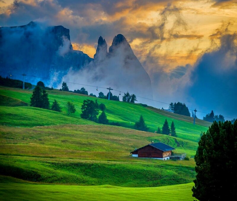 Mountain Cabin in Valley — Green, Dramatic, Sunset