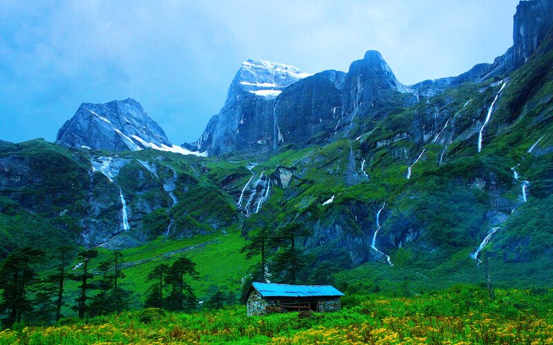 Mountain Cabin in Valley — Green, Serene, Morning, Photograph