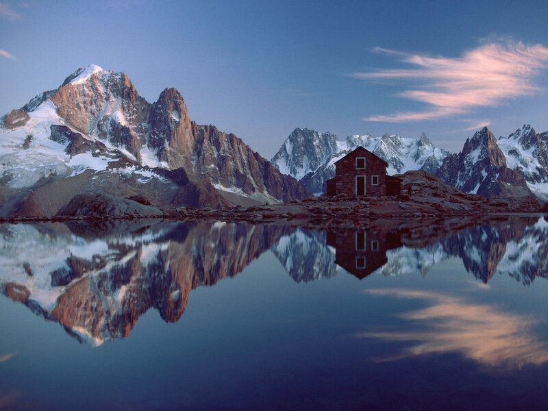 Mountain Cabin Reflection — Blue, Serene, Sunset, Photograph, Mountains, Lake