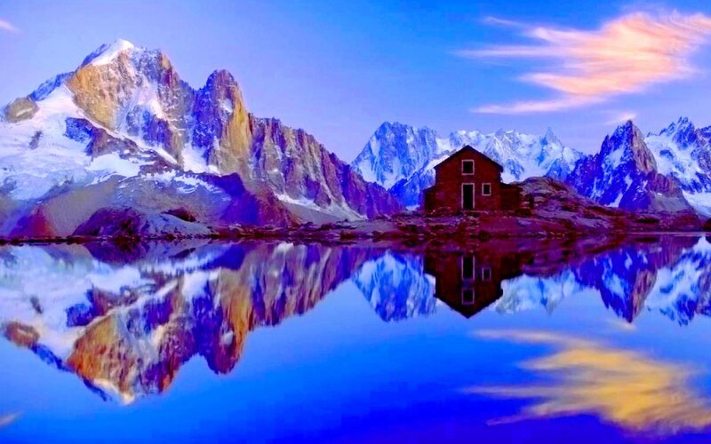 Mountain Cabin Reflection — Blue, Serene, Sunset