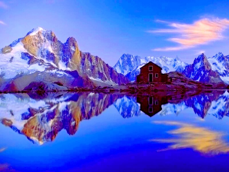 Mountain Cabin Reflection — Blue, Serene