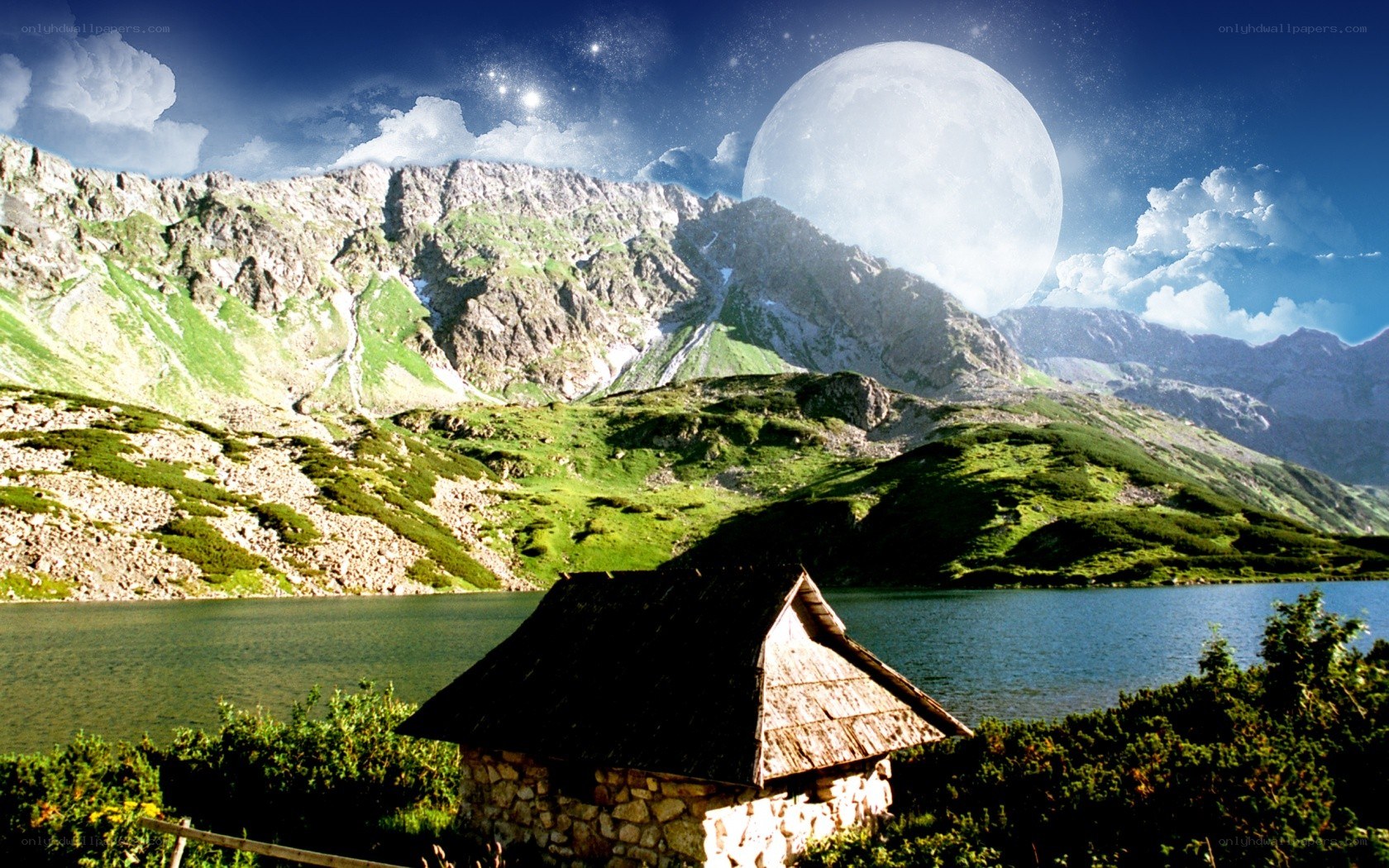 Mountain cabin under a giant moon