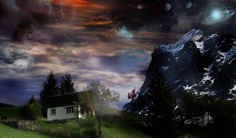 Mountain cabin under alien sky