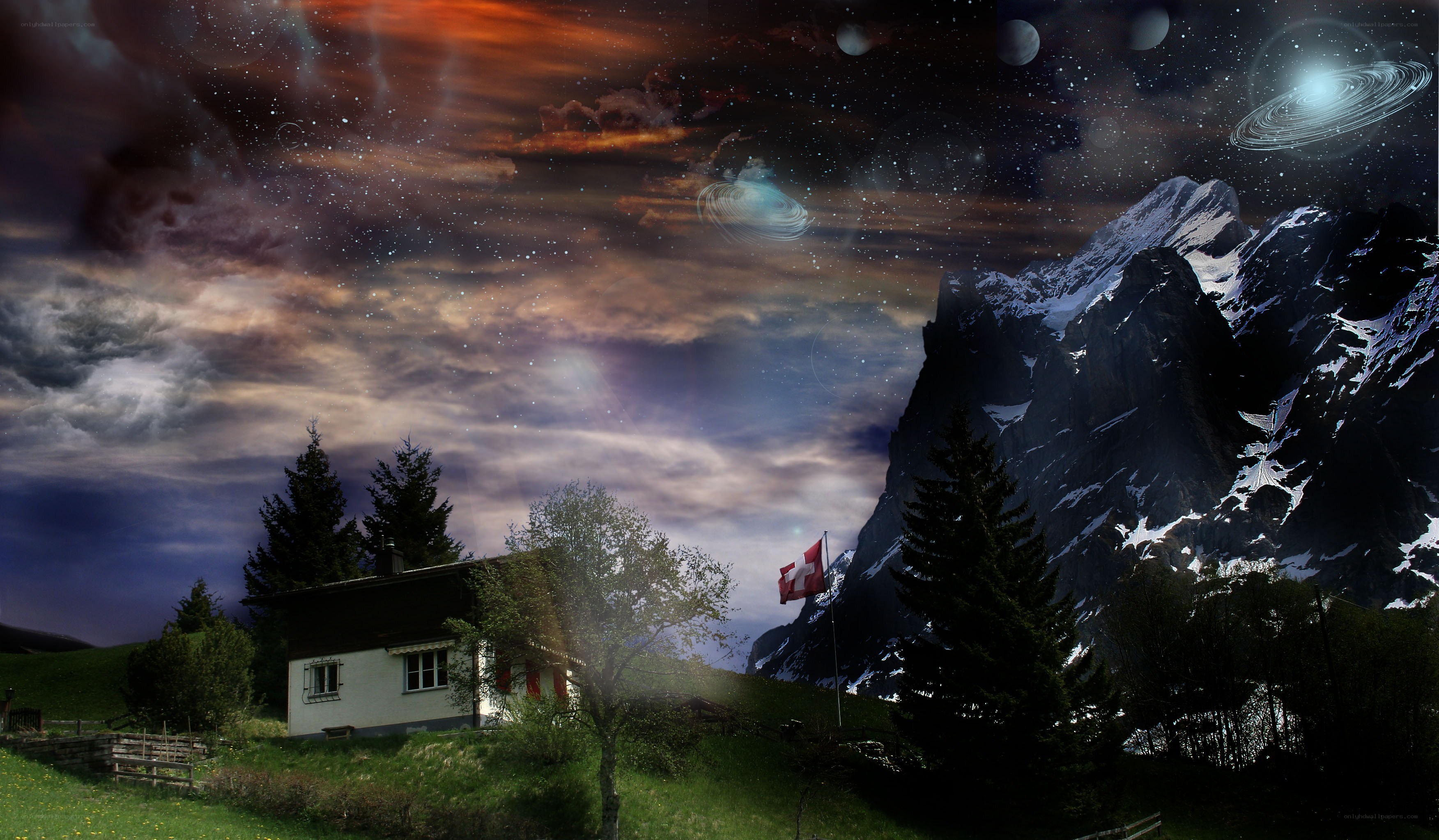 Mountain cabin under alien sky