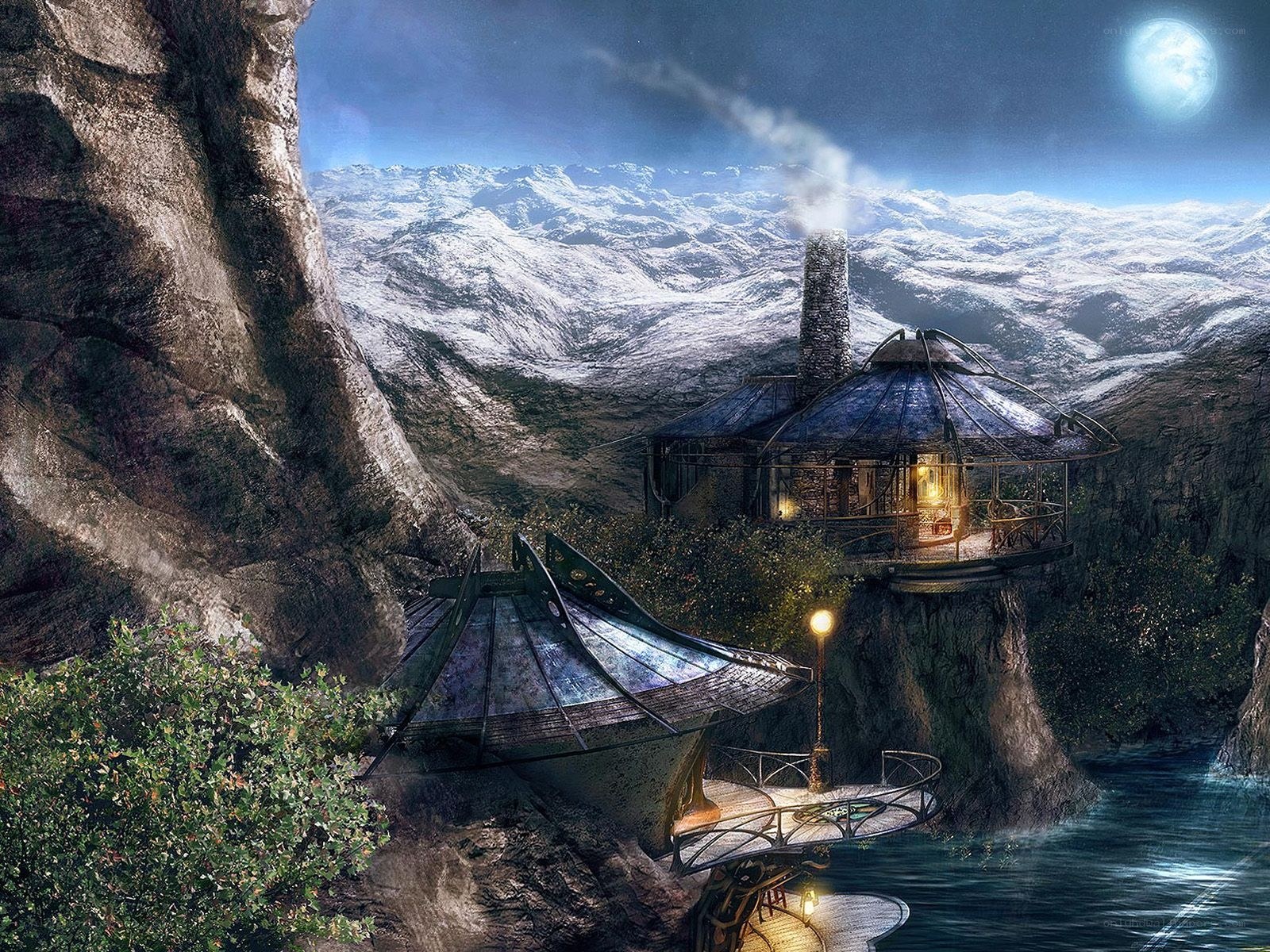 Mountain cabin under moonlight