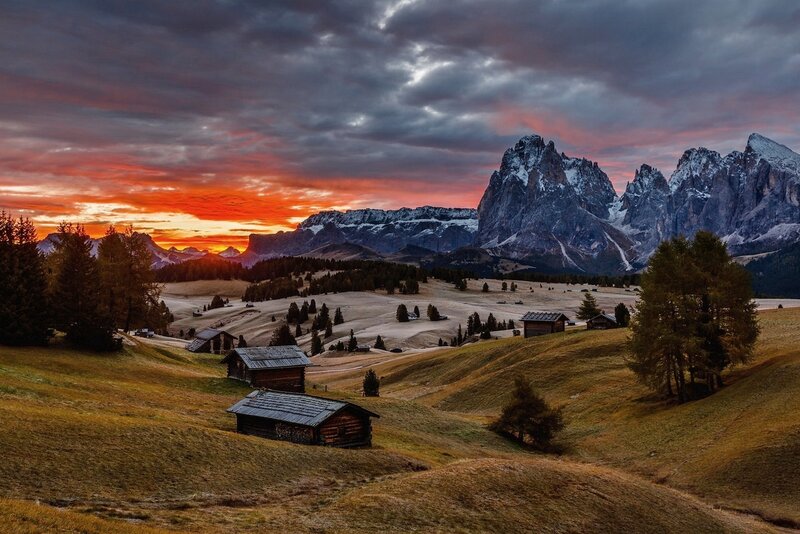 Mountain Cabins at Sunset — Orange