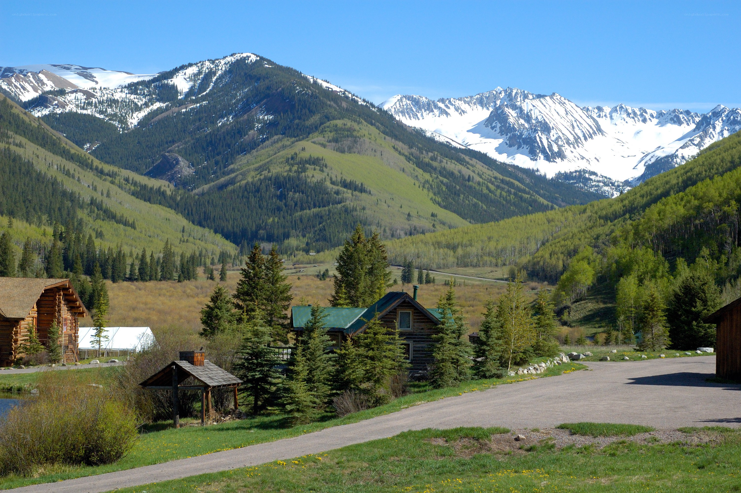 Mountain cabins in a valley