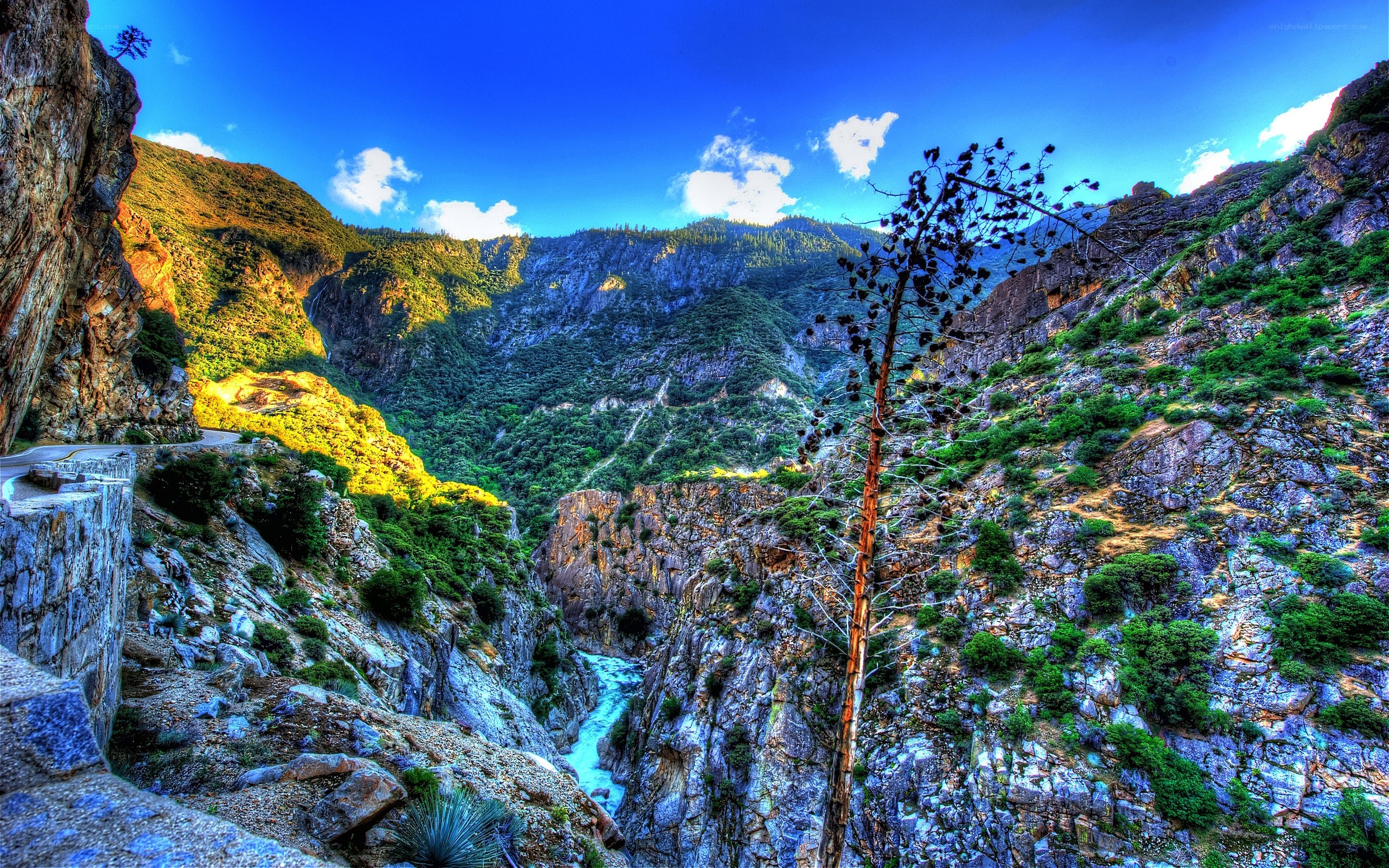 Mountain canyon with river and road