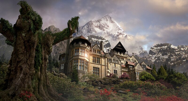 mountain castle with ancient tree