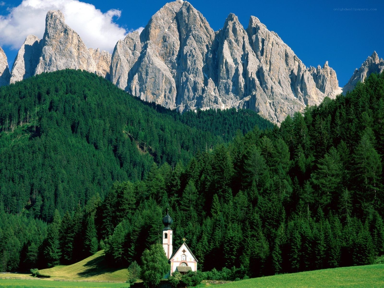 Mountain chapel in alpine valley