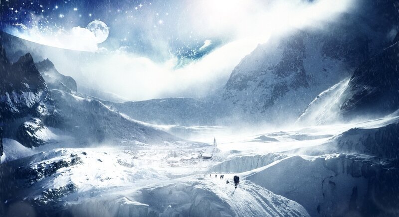 Mountain Climbers in Snow — Blue