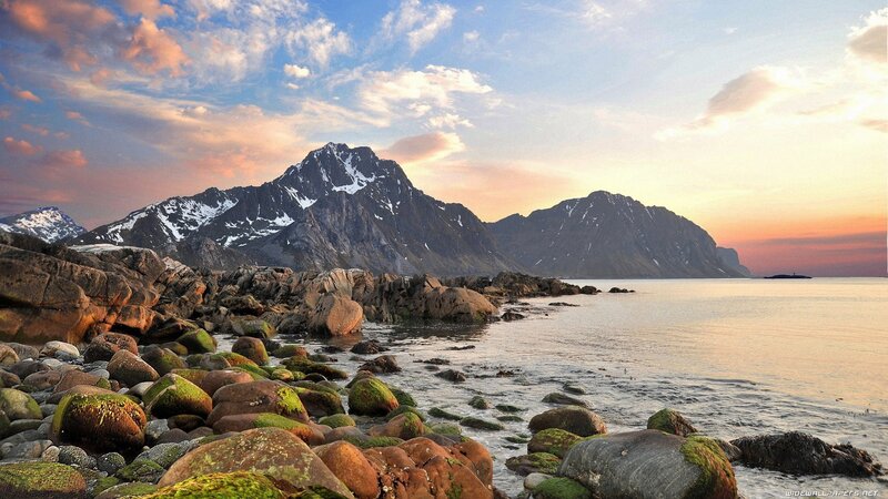 Mountain coastline at sunset
