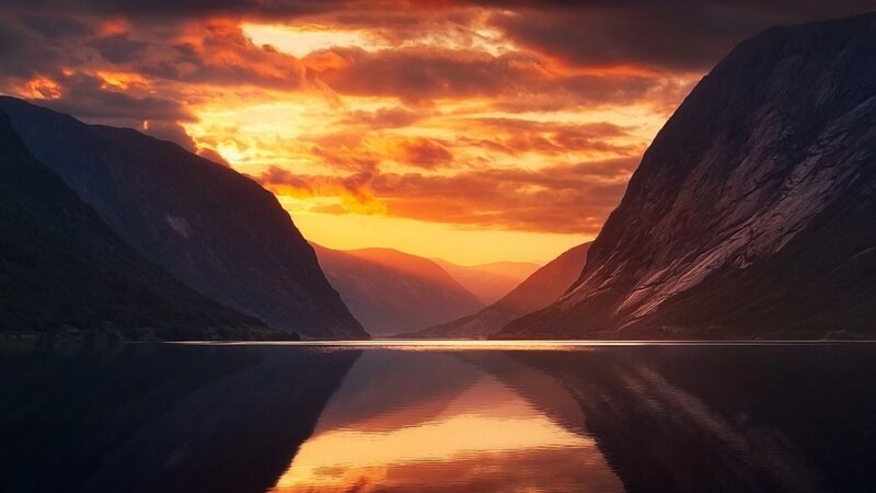 Mountain Fjord at Sunset — Orange, Dramatic, Photograph
