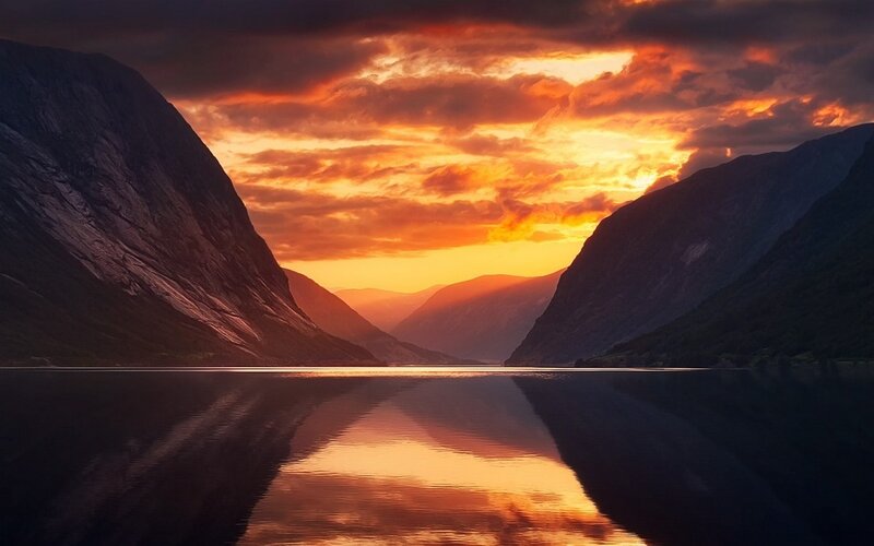 Mountain Fjord at Sunset — Orange, Dramatic
