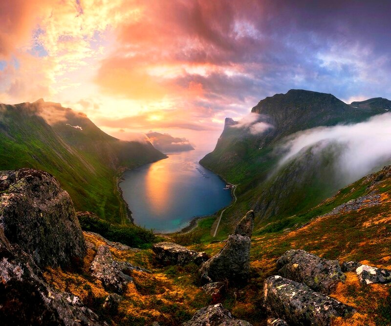 Mountain Fjord at Sunset — Orange