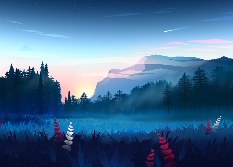 Mountain Forest Landscape — Blue, Serene, Sunset, Digital Art