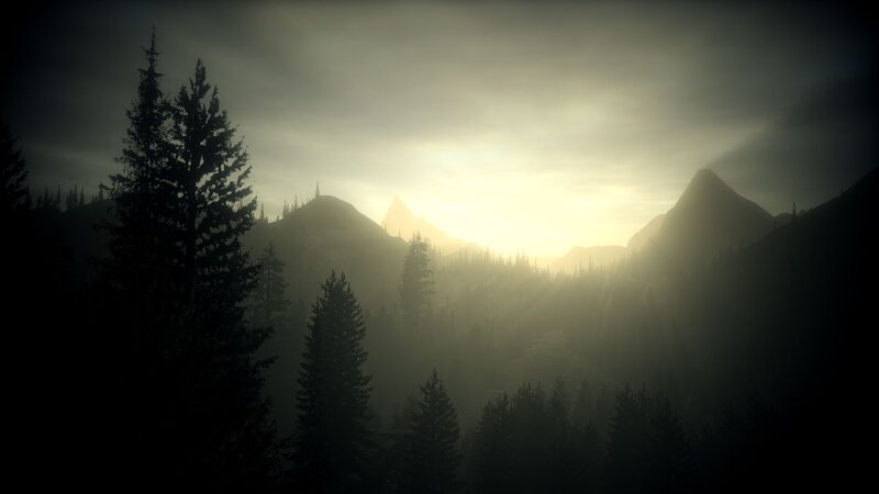 Mountain Forest Landscape — Gray, Dramatic, Sunset