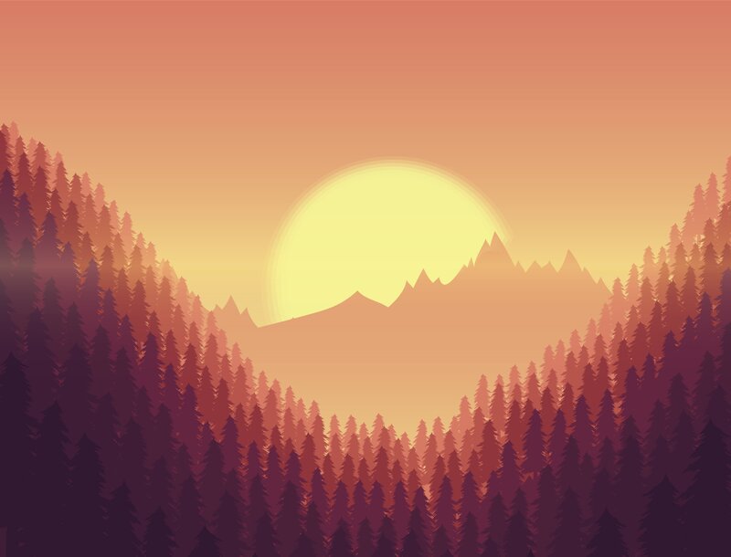 Mountain Forest Landscape — Orange, Serene, Sunset