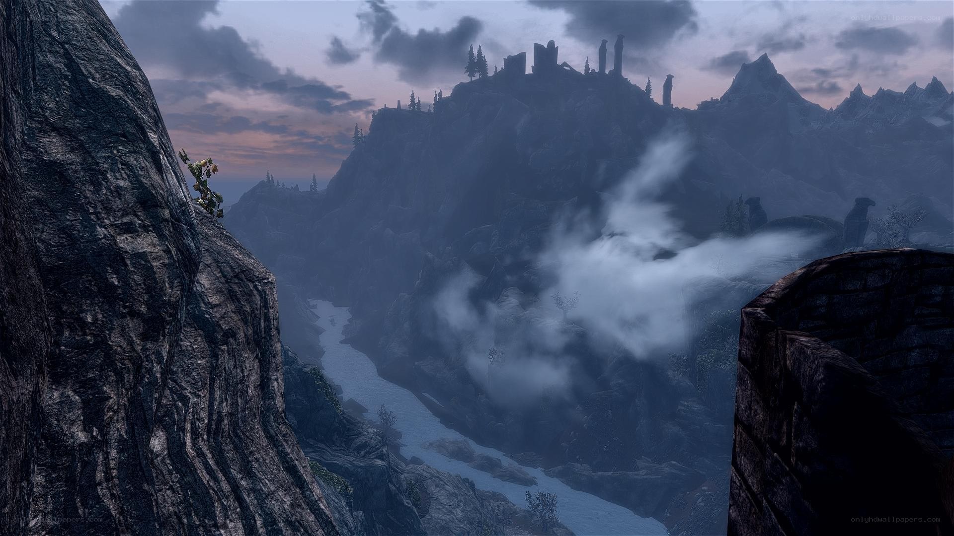 mountain fortress at dusk