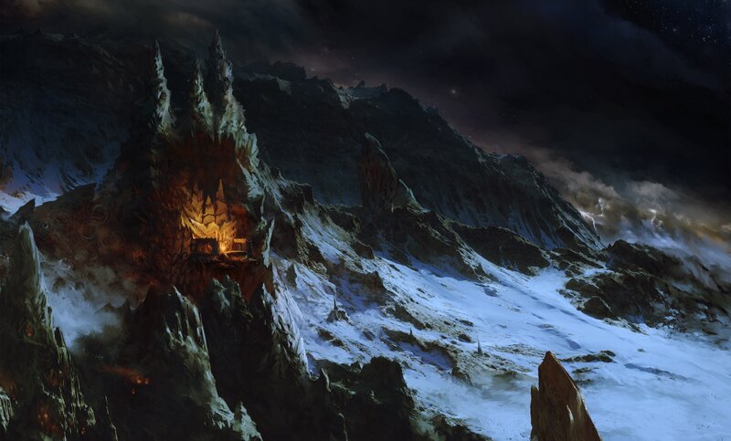 Mountain Fortress at Night — Black, Dramatic