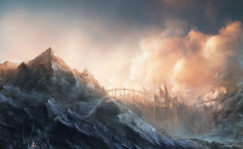 Mountain fortress at sunset