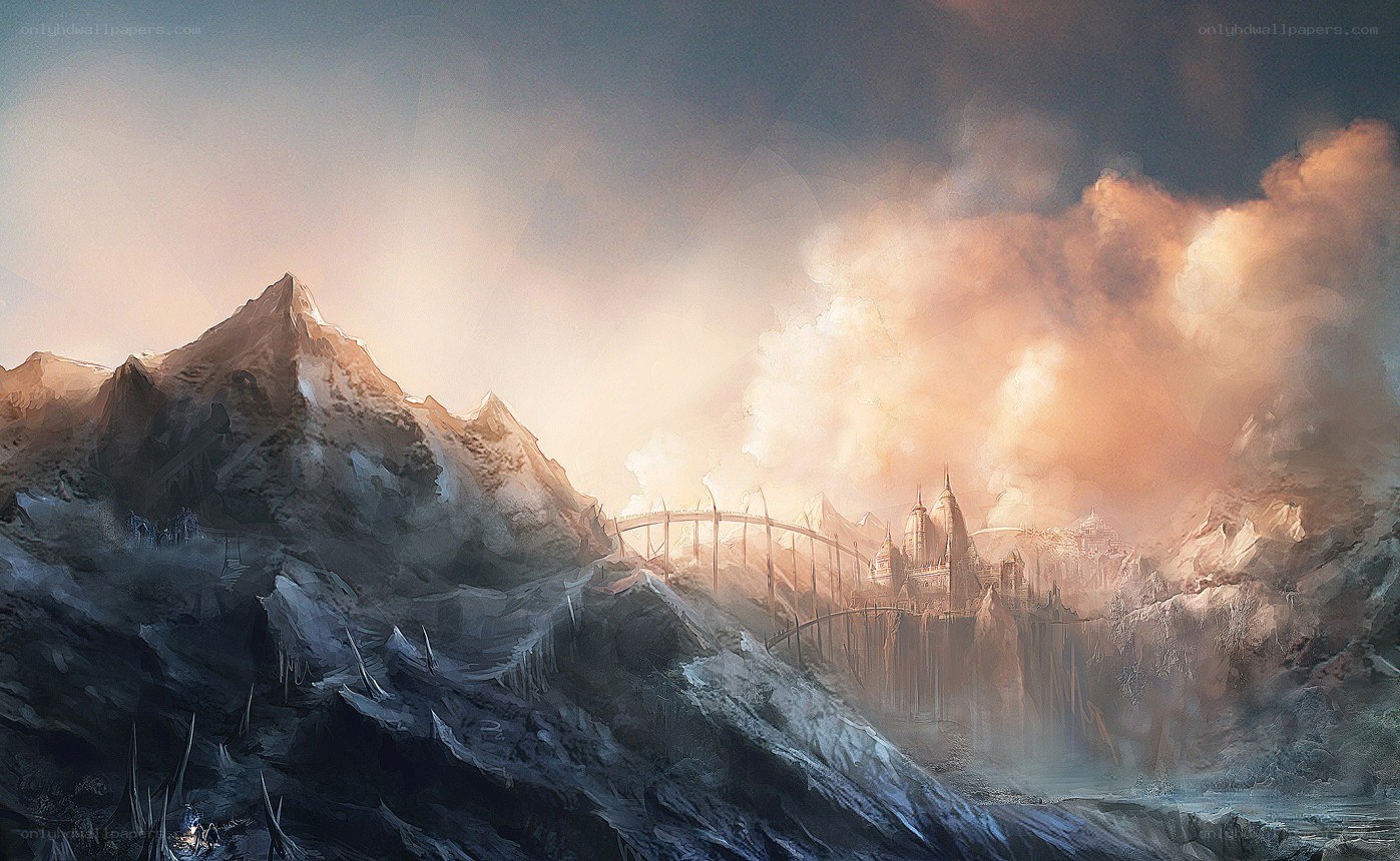 Mountain fortress at sunset