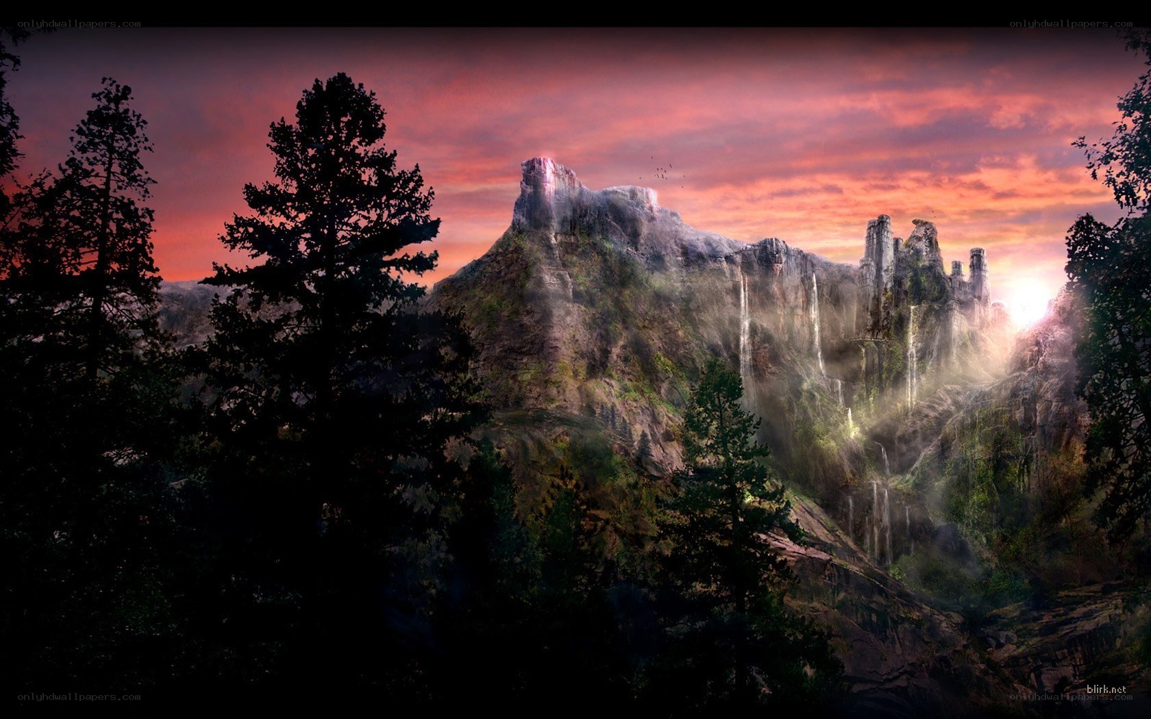 mountain fortress at sunset