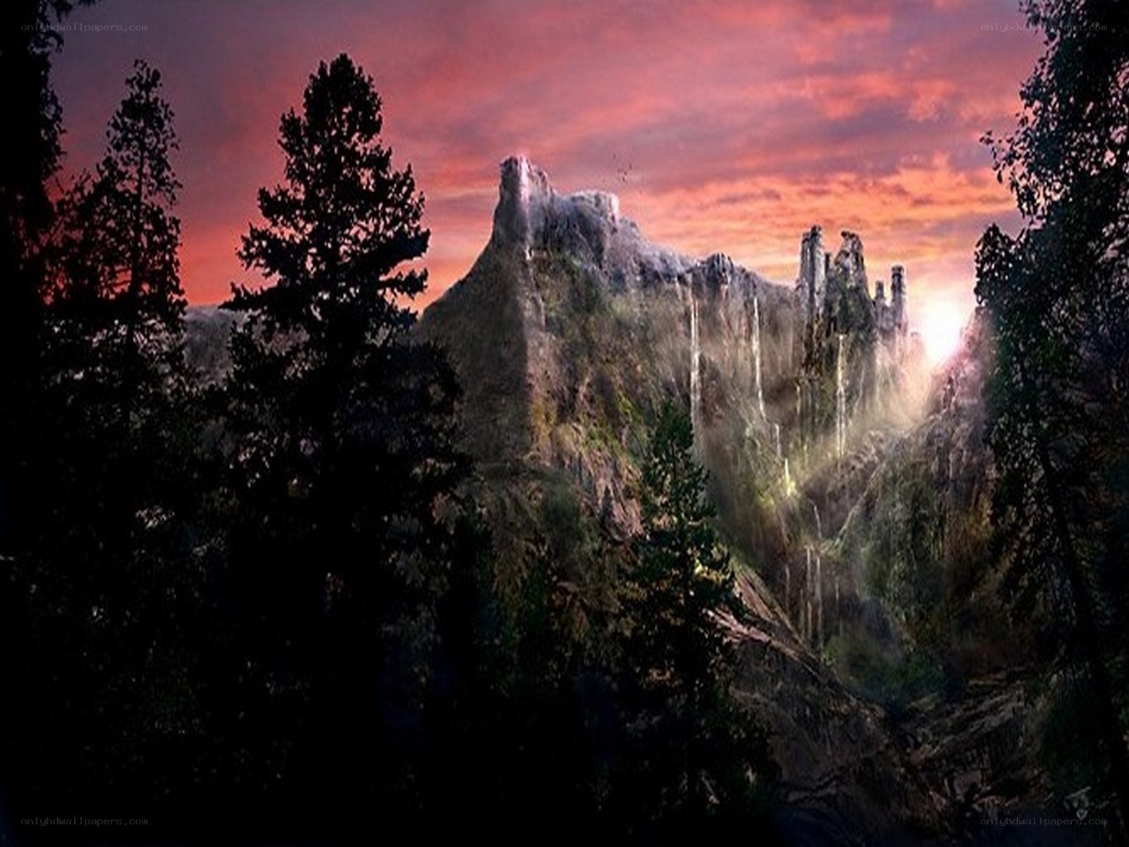 mountain fortress at sunset