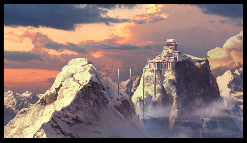 mountain fortress at sunset