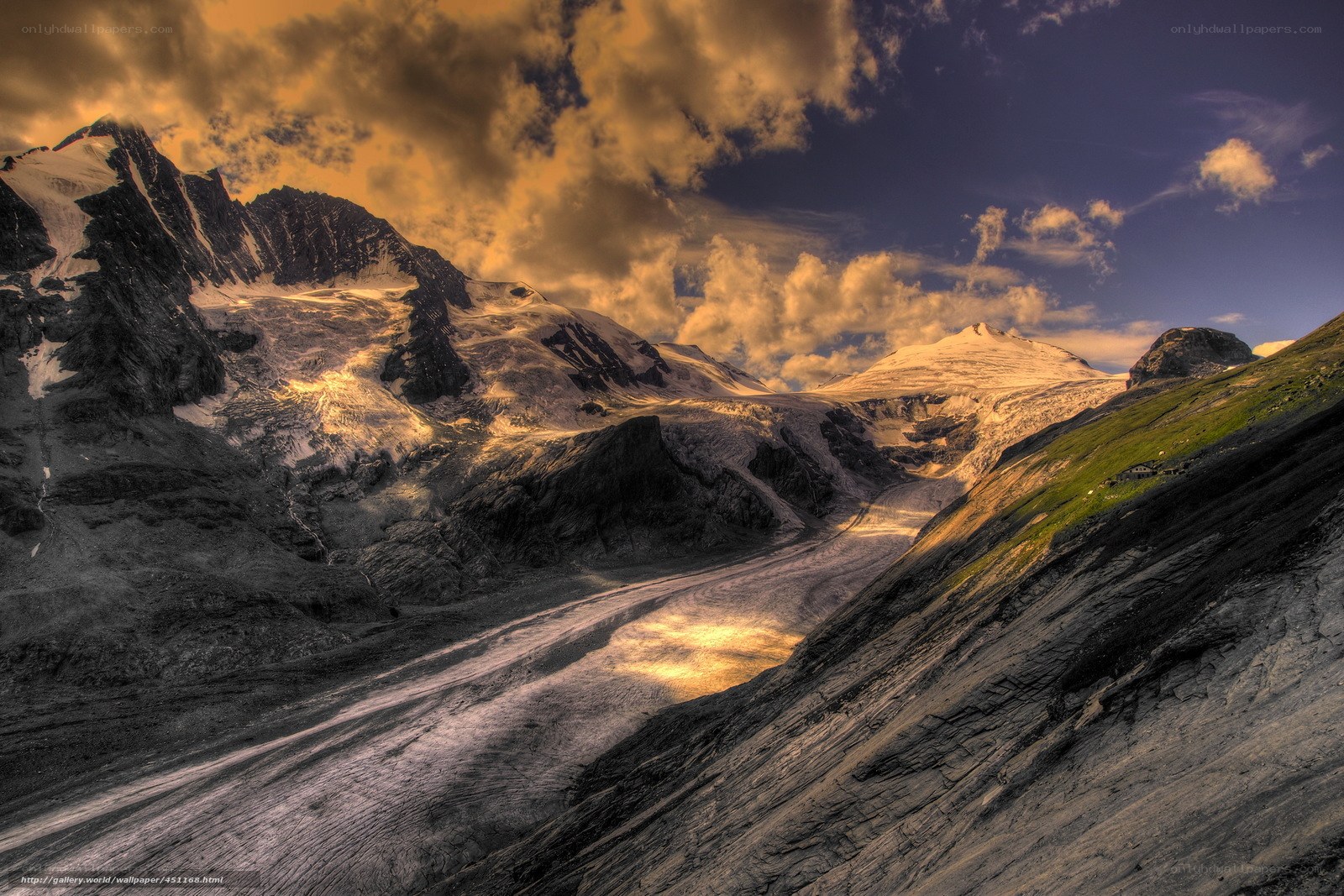 Mountain glacier at sunset