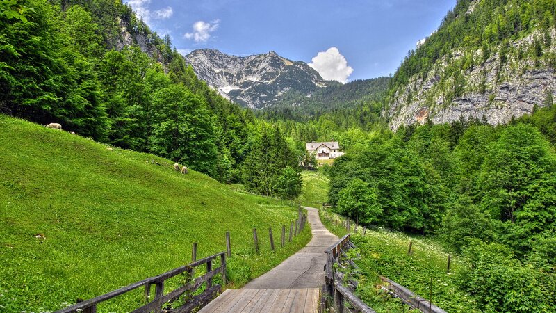 Mountain House in Valley — Green, Serene