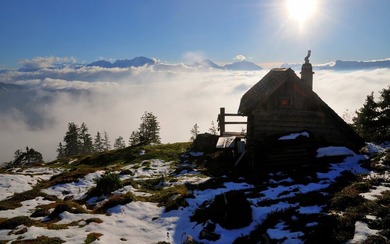 Mountain Hut Above Clouds — Blue