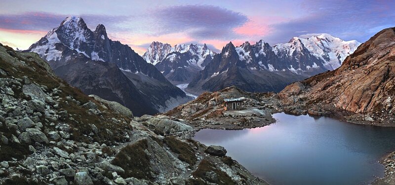 Mountain Hut at Lake — Blue, Serene, Sunset