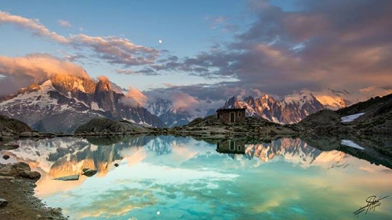 Mountain Hut at Lake — Blue, Serene