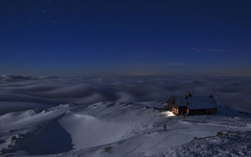 Mountain Hut at Night — Blue, Serene, Photograph