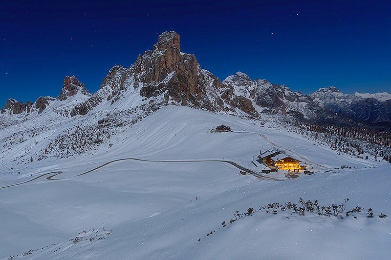 Mountain Hut at Night — Blue, Serene