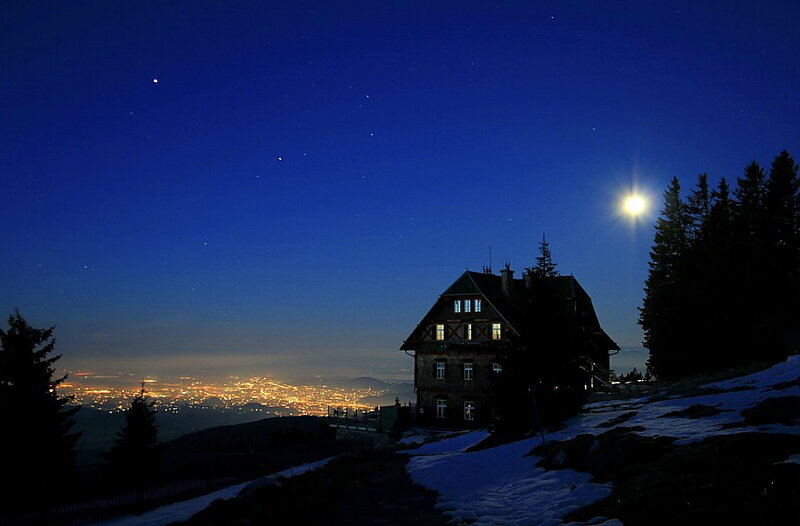 Mountain Hut at Night — Blue