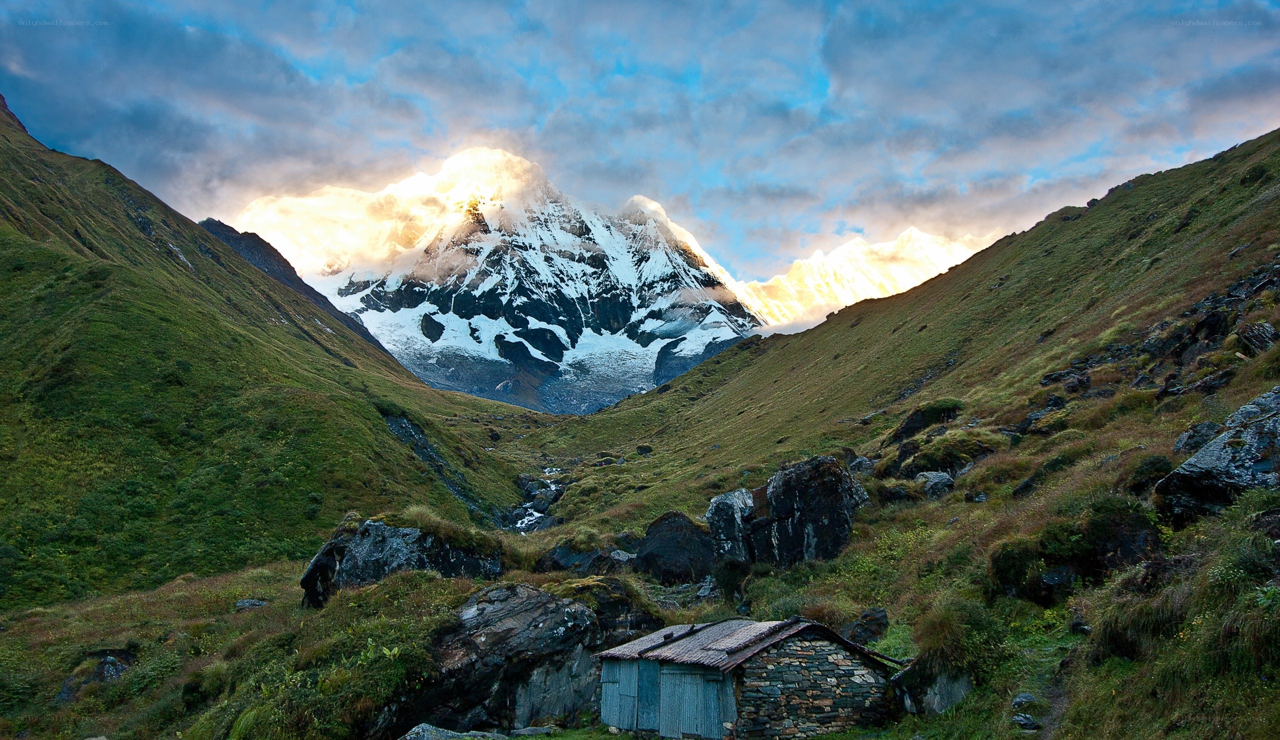 Mountain hut at sunrise