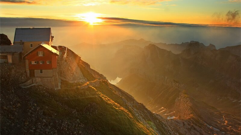 Mountain Hut at Sunrise — Orange, Serene