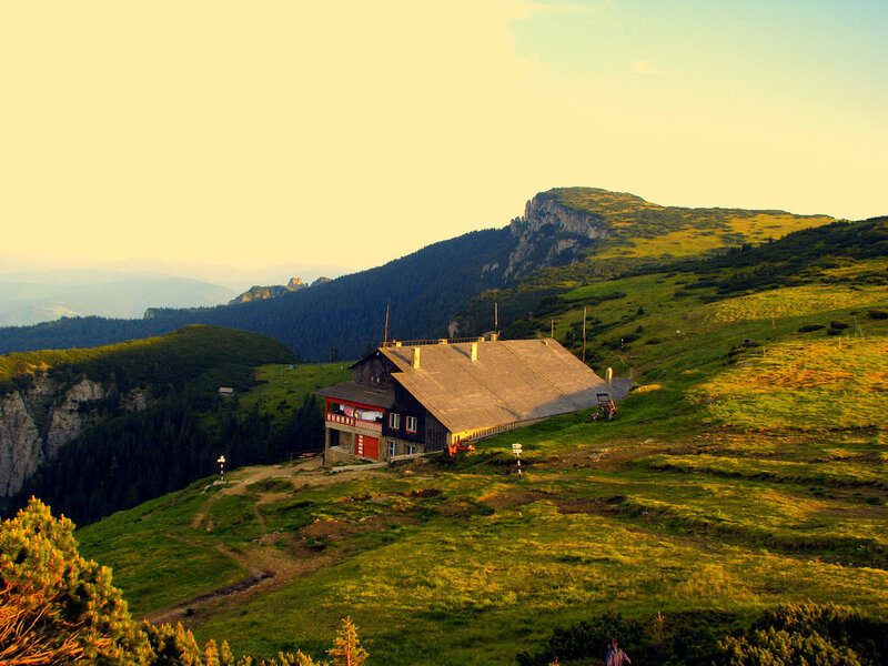 Mountain hut at sunset