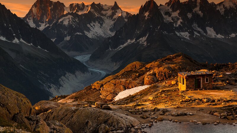Mountain Hut at Sunset — Orange, Dramatic, Photograph