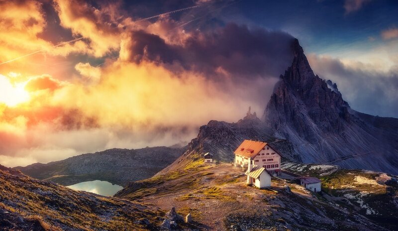 Mountain Hut at Sunset — Orange, Dramatic
