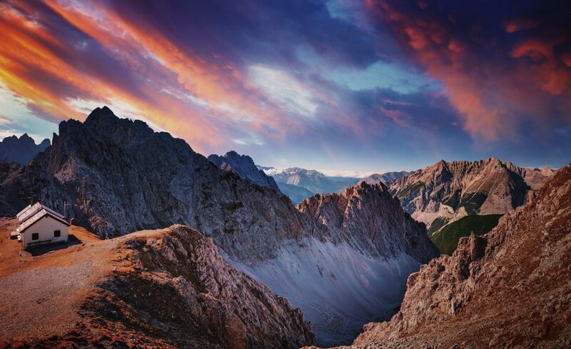 Mountain Hut at Sunset — Orange