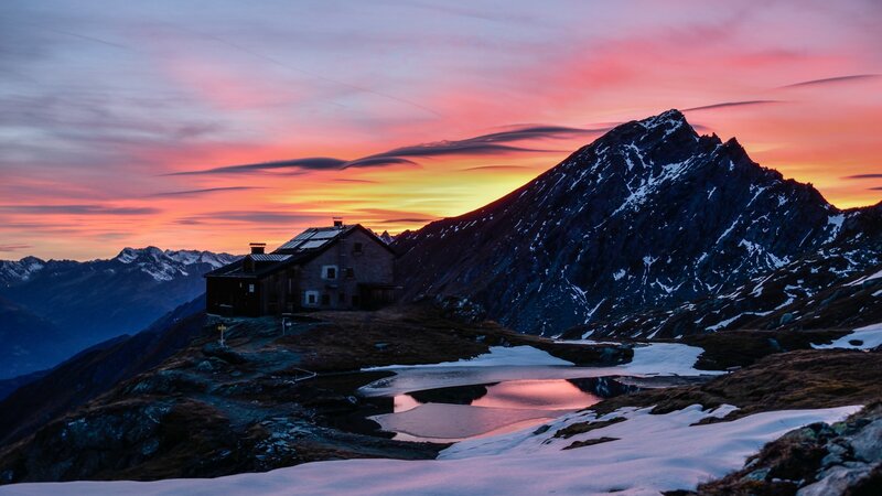 Mountain Hut at Sunset — Pink