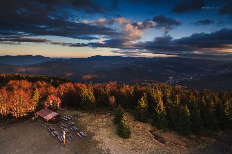Mountain hut at sunset