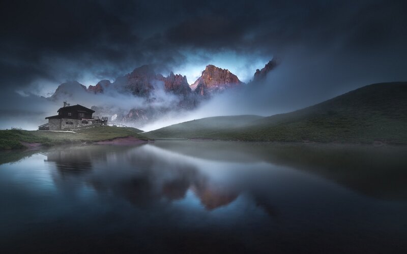 Mountain Hut by Lake — Blue, Dramatic