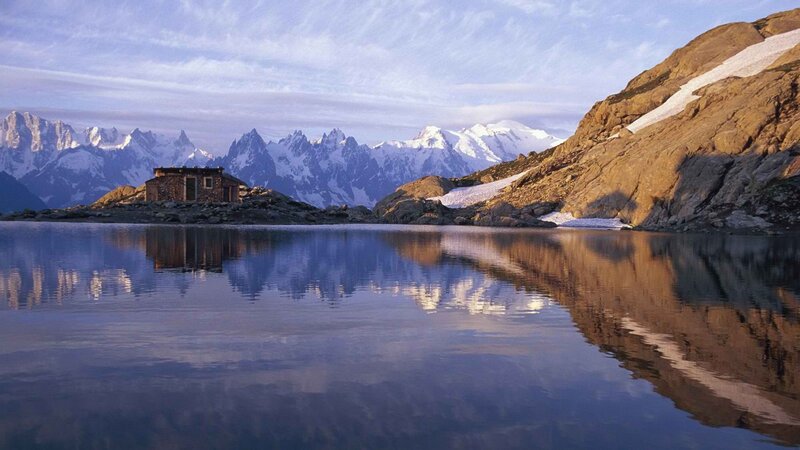 Mountain Hut by Lake — Blue, Serene, Morning, Photograph, Mountains