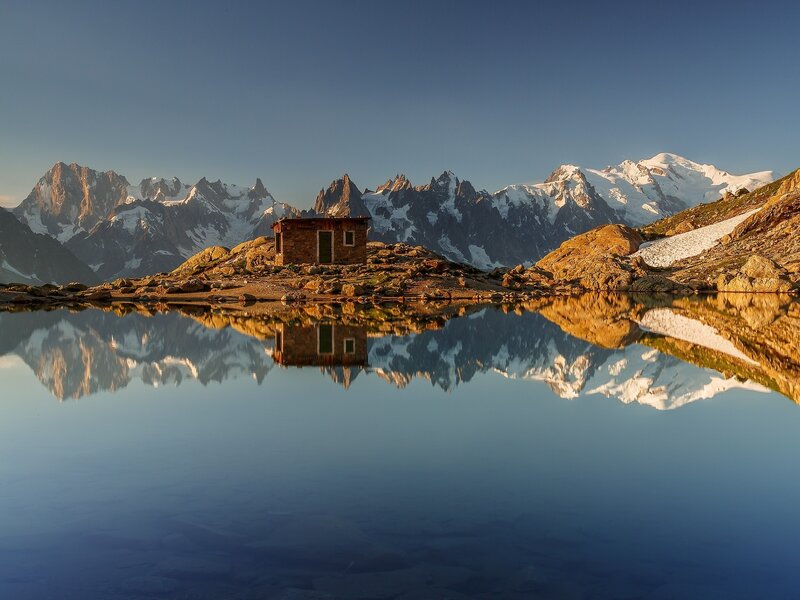 Mountain Hut by Lake — Blue, Serene, Morning, Photograph