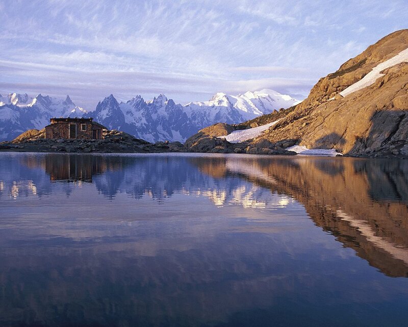 Mountain Hut by Lake — Blue, Serene, Morning